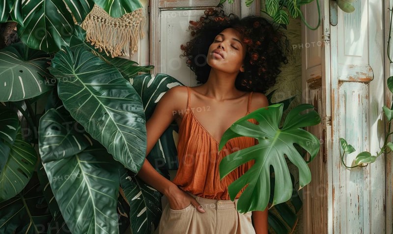 A relaxed woman in summer attire leaning against a rustic door surrounded by tropical plants AI generated