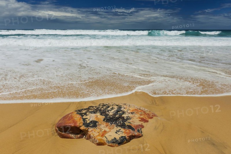 Textured stone on the beach, sea, Atlantic coast, coast, surf, surf, emotion, calmness, nobody, empty, travel, tourism, holiday, beach holiday, water, seawater, salt water, Atlantic, ocean, force of nature, puristic, symbol, wanderlust, waves, holiday feeling, relaxation, calmness, recreation, quiet, weather, climate, esoteric, esoteric, bathing, bathing holiday, coastal landscape, Algarve, Portugal, Europe