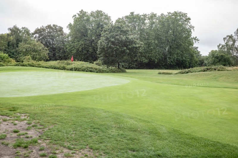 Golf course with manicured green, flagpole, lawns and trees
