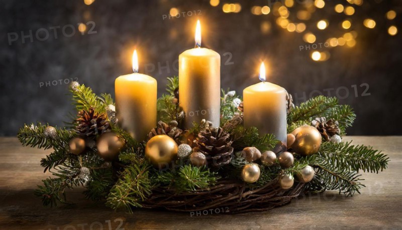 Ai generated, Advent wreath with burning candles, Christmas time, Christmas decoration, 3rd Advent, Third Advent