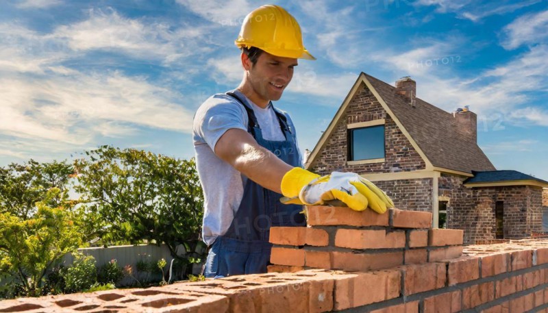 AI generated, A bricklayer inspects a brick wall, 30, 35, years