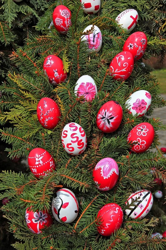 Detail of an Easter fountain in Franconian Switzerland, Bamberg district, Upper Franconia, Germany, many colourful blown-out and dyed eggs as decoration, Easter custom, Europe