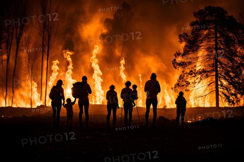 Family in hurried evacuation from a wooden house massive wildfire looming on the horizon, AI generated