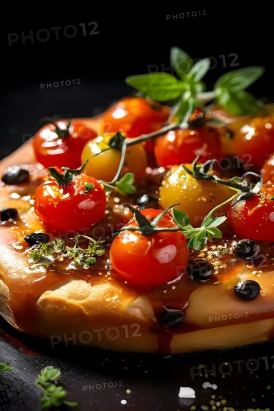 Focaccia barese steaming adorned with vibrant cherry tomatoes, AI generated
