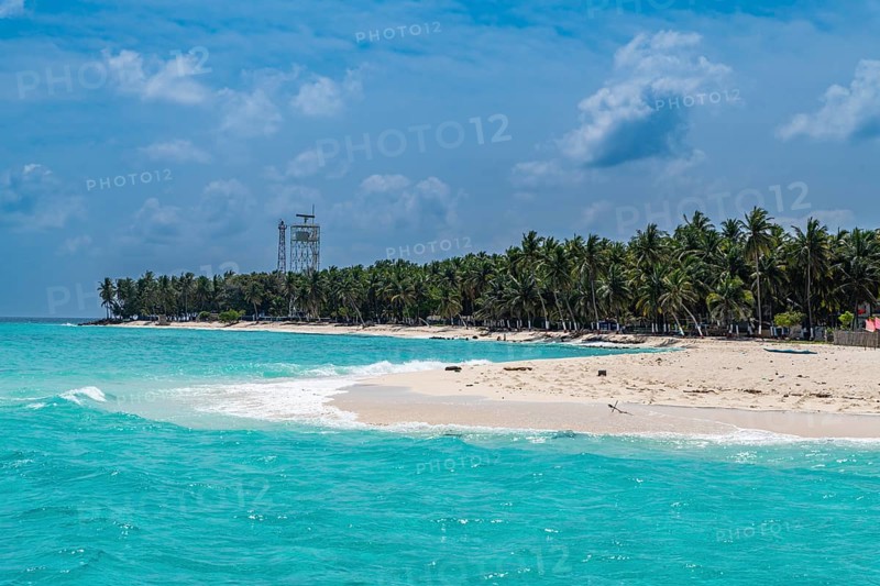 Palm fringed white sand beach, Agatti Island, Lakshadweep archipelago, Union territory of India