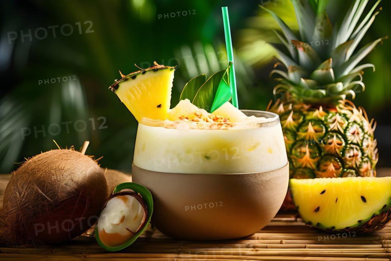Tropical smoothie with pineapple coconut milk dash of lime served in coconut shell bamboo, AI generated
