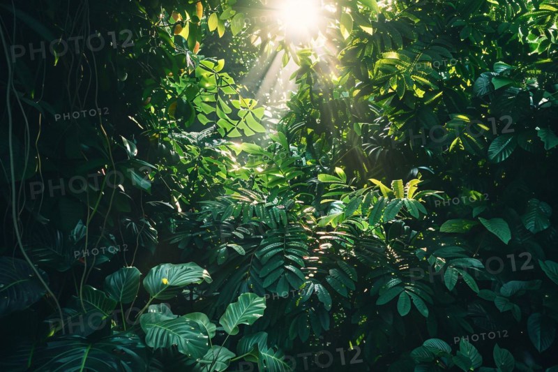 Rays of light pierce through the dense, lush foliage of a vibrant jungle, creating a tranquil atmosphere, AI generated