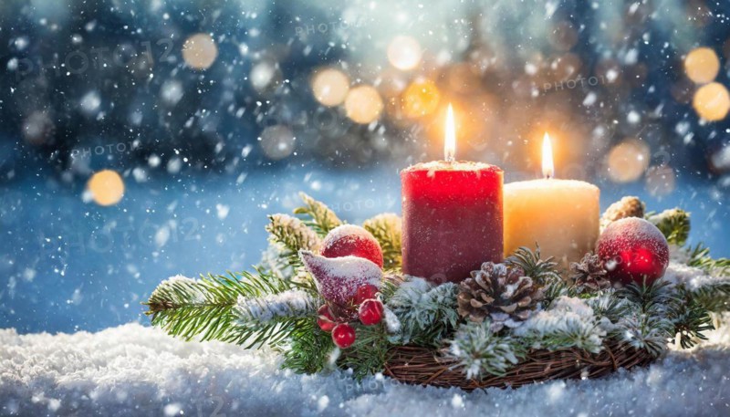 Ai generated, Advent wreath with burning candles, Christmas time, Christmas decoration, 2nd Advent, Second Advent