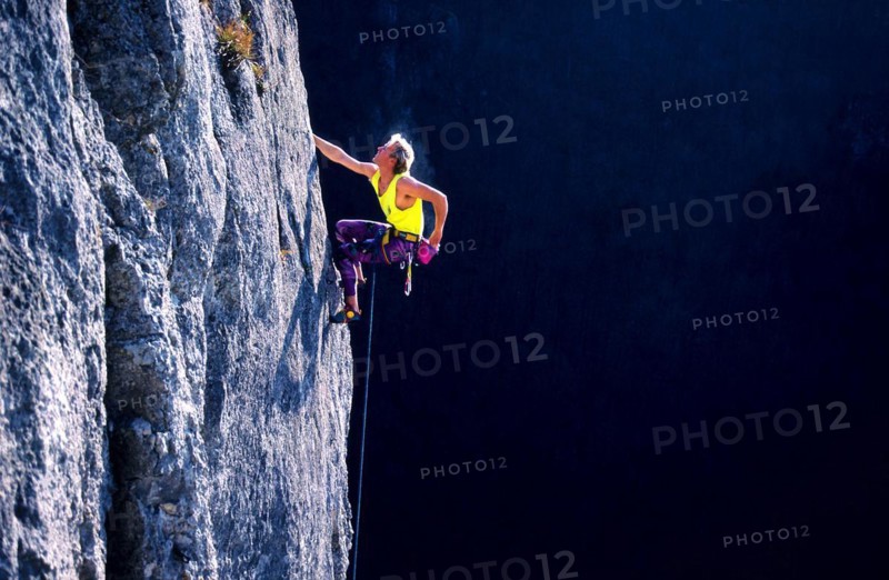 Climber on a route in the 7th degree of difficulty of the German scale, Wittlinger Felsen, Urach Valley, Baden-Wuerttemberg, Germany, retro, vintage, old, retro, vintage, old, Europe