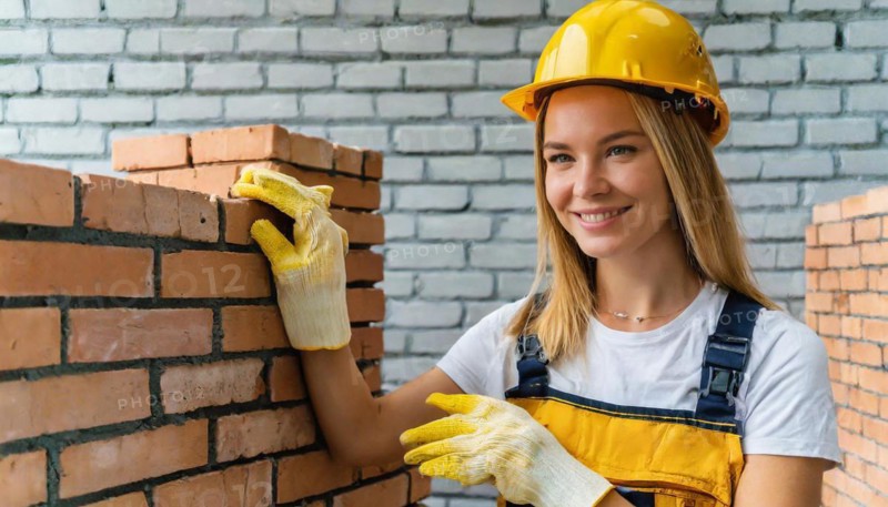 AI generated, A female bricklayer inspects a brick wall, 30, 35, years