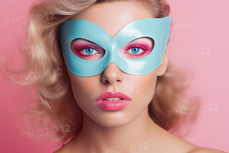 Face of young blond woman with pink makeup and light blue superhero mask on pastel pink background. KI generiert, generiert AI generated