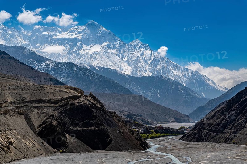 Huge riverbed before the Annapurna mountain range, Kingdom of Mustang, Nepal, Asia