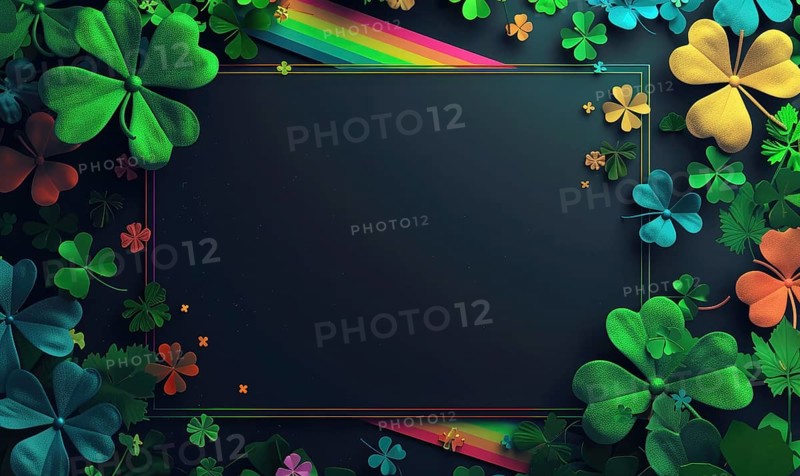 A sparkling rainbow crosses a dark background with neon-colored clovers creating a festive mood AI generated