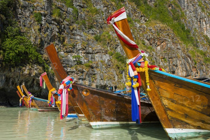 Longtail boat at Maya Bay, boat, wooden boat, ferry boat, ferry, passenger ferry, decorated, faith, tradition, Thai, Asian, traditional, sea, ocean, Andaman Sea, tropics, tropical, island, rock, rock, water, fisherman, fishing boat, travel, tourism, beach holiday, beach holiday, holiday, dream trip, holiday paradise, flora, paradise, coastal landscape, nature, idyllic, boat, turquoise, Siam, exotic, Ko Phi Phi Don, Thailand, Asia
