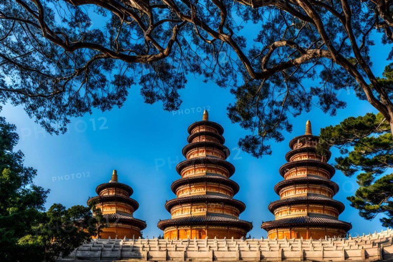 Shaolin pagoda forest basked in the radiance of a clear blue sky, AI generated