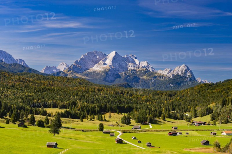 Humpback meadows between Mittenwald and Kruen, Werdenfelser Land, behind it the Zugspitze, 2962m, Wetterstein Mountains, Upper Bavaria, Bavaria