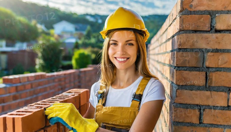 AI generated, A female bricklayer inspects a brick wall, 30, 35, years