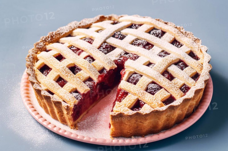 Traditional European Linzertorte tart in pink plate. KI generiert, generiert AI generated