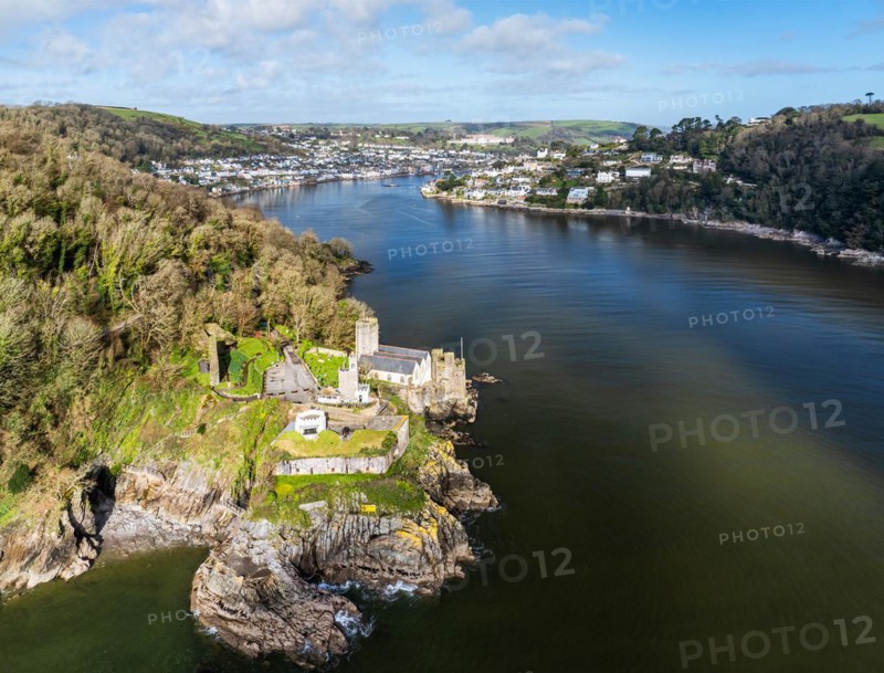 Dartmouth Castle over River Dart from a drone, Dartmouth, Kingswear, Devon, England, United Kingdom, Europe