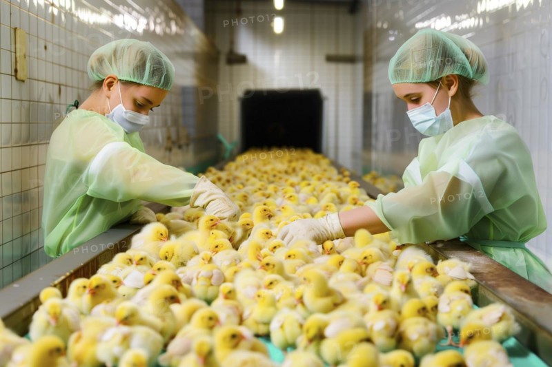 Male chicks on a conveyor belt. In poultry production, chick killing or chick shredding refers to the routine killing of day-old chicks that are no more than one day old. AI generated, AI generated, AI generated