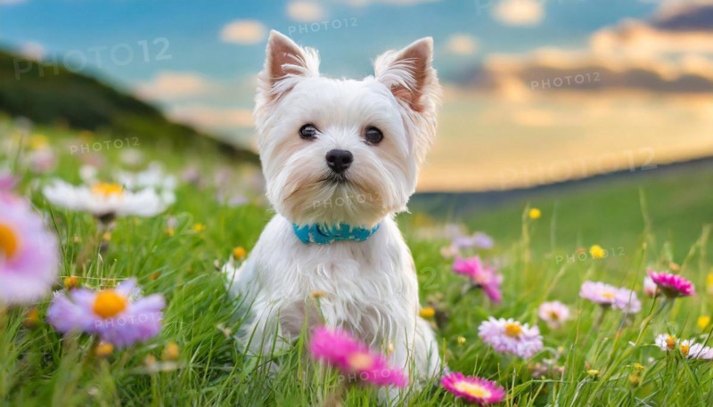 KI generated, A white Yorkshire Terrier sits in a flower meadow, (Canis lupus familiaris)