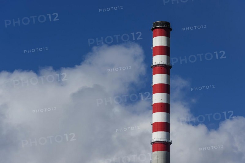 Chimney of a power plant in Sines, red, white, blue sky, power plant, energy, environment, climate, Co2, atmosphere, air pollution, exhaust fumes, industry, fossil, fossil energy, refinery, air, pure, clear, clean, no smoke, emission