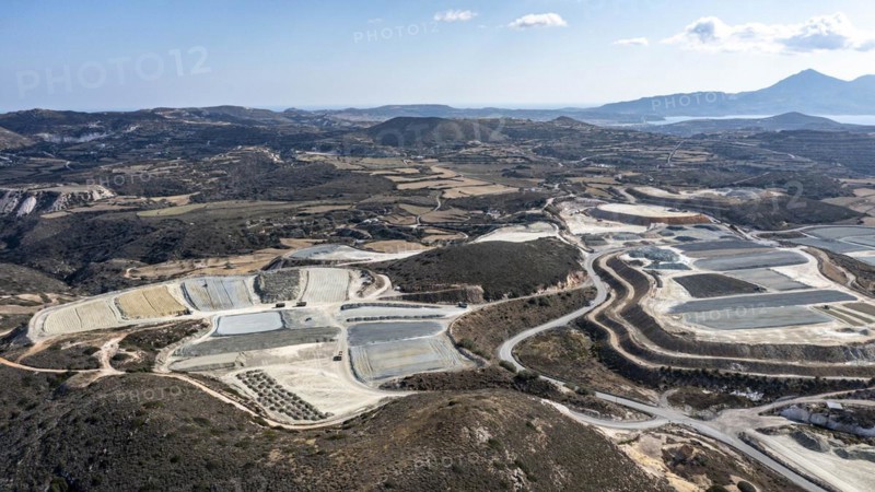 Mineral mining in the mountains near Apollonia, aerial view, Milos, Cyclades, Greece, Europe