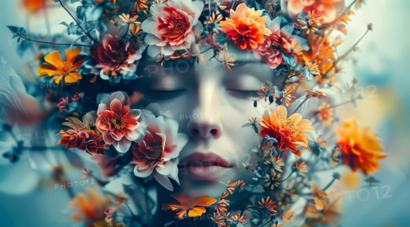 Surreal portrait of a woman with a crown of dreamlike flowers, ai generated, AI generated