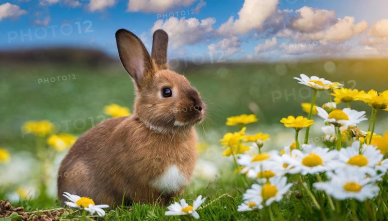 KI generated, A colourful dwarf rabbit in a meadow with white and yellow flowers, spring, side view, (Brachylagus idahoensis)