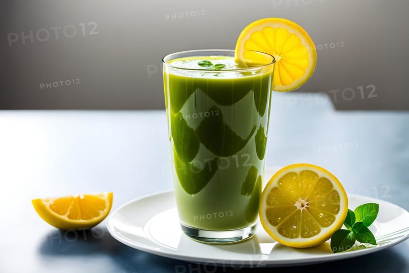 Detoxifying green tea and lemon smoothie, AI generated