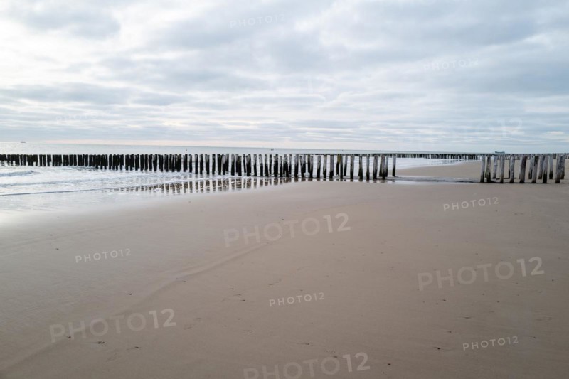 Sandy beach with a series of breakwaters that reach into the sea