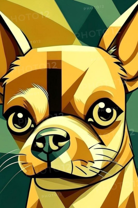 A stylized geometric cubist illustration of a chihuahua dog with green and yellow tones, vertical aspect, AI generated