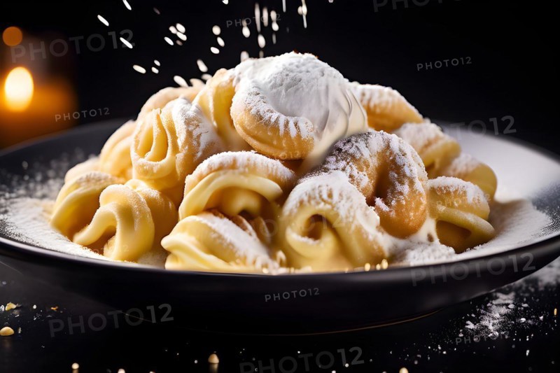 Dampfnudels coated in fine powdered sugar resting in a pool of creamy vanilla sauce, AI generated