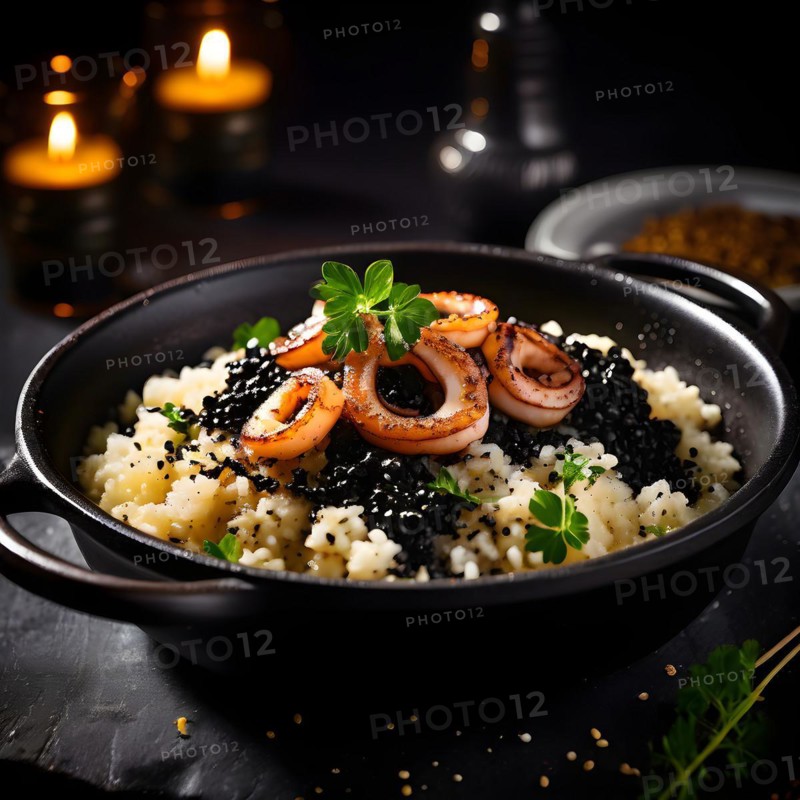 Risotto al nero di seppia creamy rice blackened with squid ink gourmet culinary delight, AI generated
