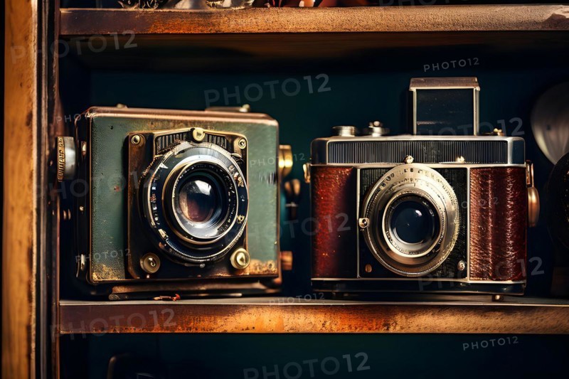 Vintage classic cameras peeling paint rust textures placed on sleek shelf, AI generated