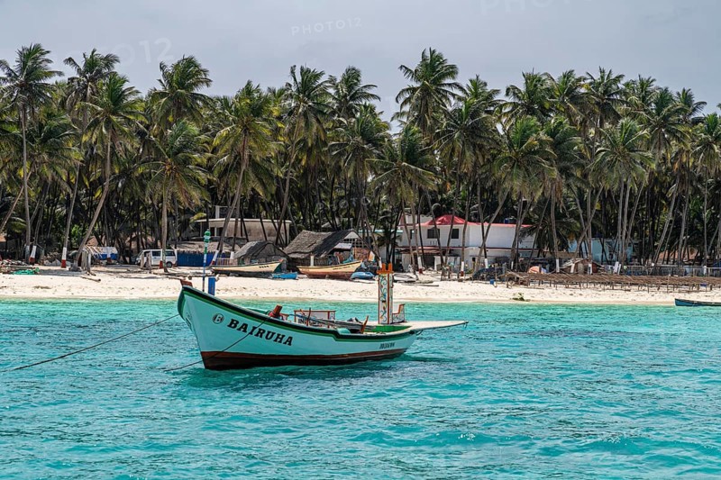 Little boats before a palm fringed white sand beach, Agatti Island, Lakshadweep archipelago, Union territory of India