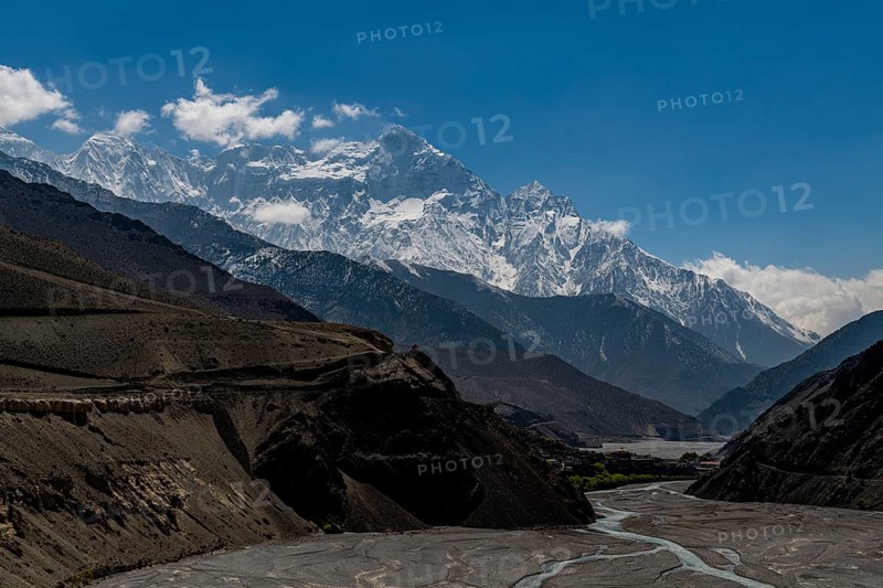 Huge riverbed before the Annapurna mountain range, Kingdom of Mustang, Nepal, Asia