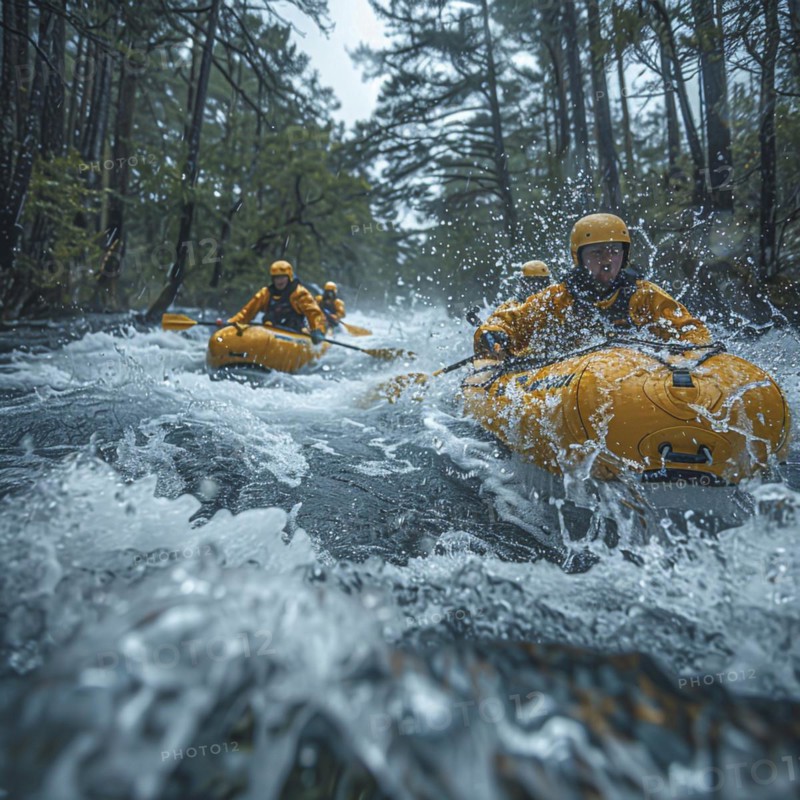 Whitewater riders ride boats through rapids, AI generated