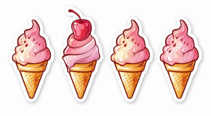 A set of pink ice cream cones with a cherry on top illustrated in a delicious style, ai generated, AI generated