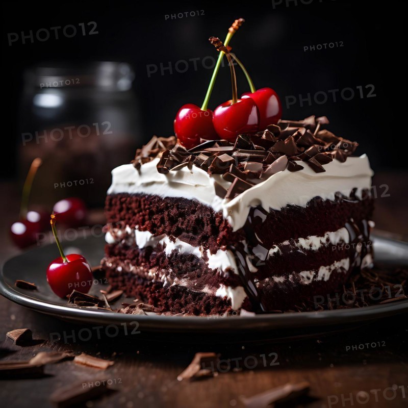Black Forest gateau on a porcelain plate, AI generated, AI generated