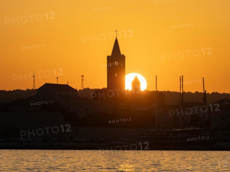 Sunset, silhouette of the church towers of Rab, town of Rab, island of Rab, Kvarner Gulf Bay, Croatia, Europe