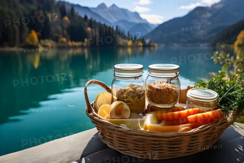 Woven basket filled with glass jars homemade hummus carrot sticks, AI generated