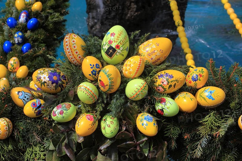 Detail of an Easter fountain in Franconian Switzerland, Bamberg district, Upper Franconia, Germany, many colourful blown-out and dyed eggs as decoration, Easter custom, Europe