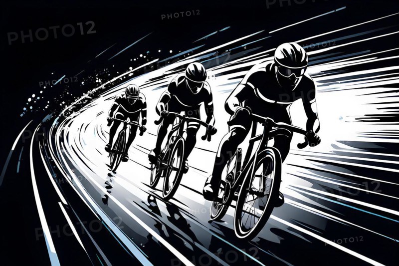 Line art black and white cyclist in velodrome, AI generated