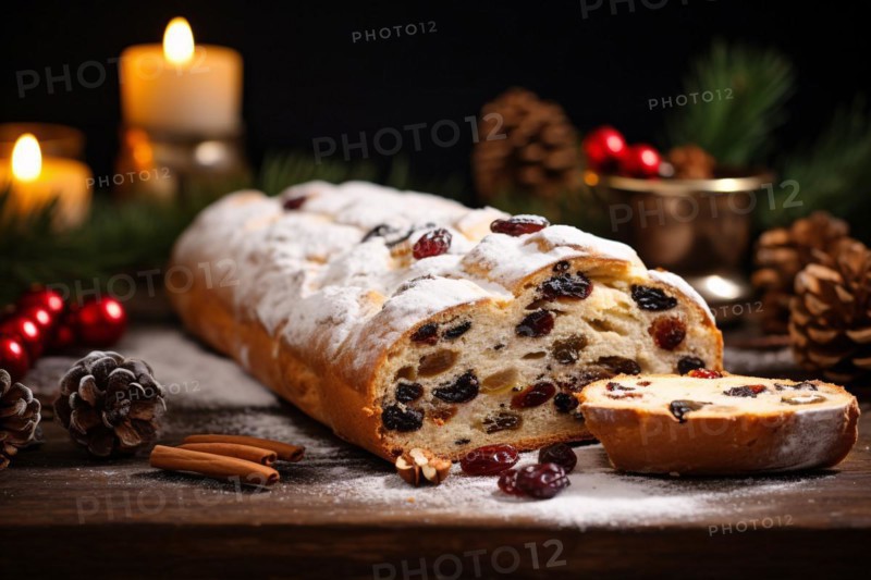 Traditional winter Christstollen cake with ingredinets on wooden table with dark background. KI generiert, generiert AI generated
