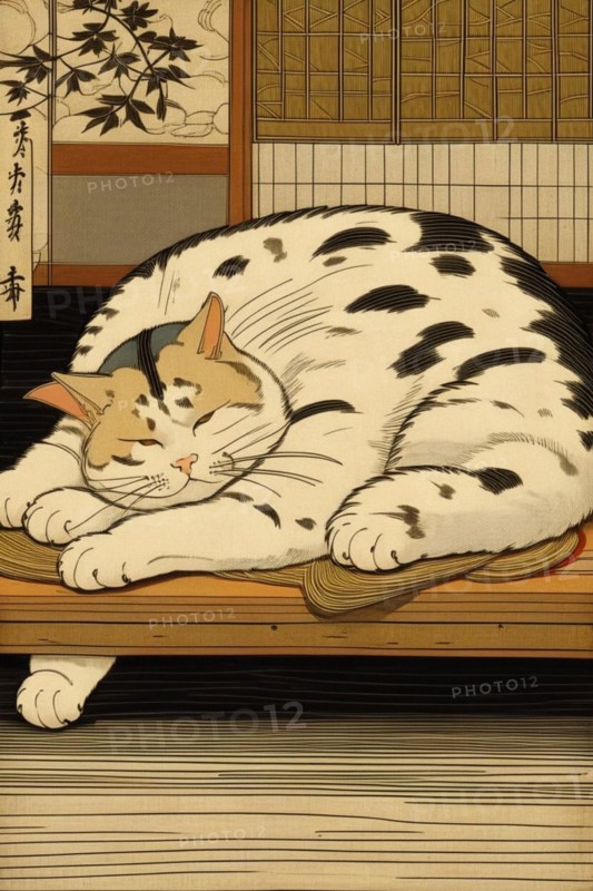 A contented fat cat relaxes in a traditional Japanese ukiyo-e style artwork, vertical aspect, AI generated