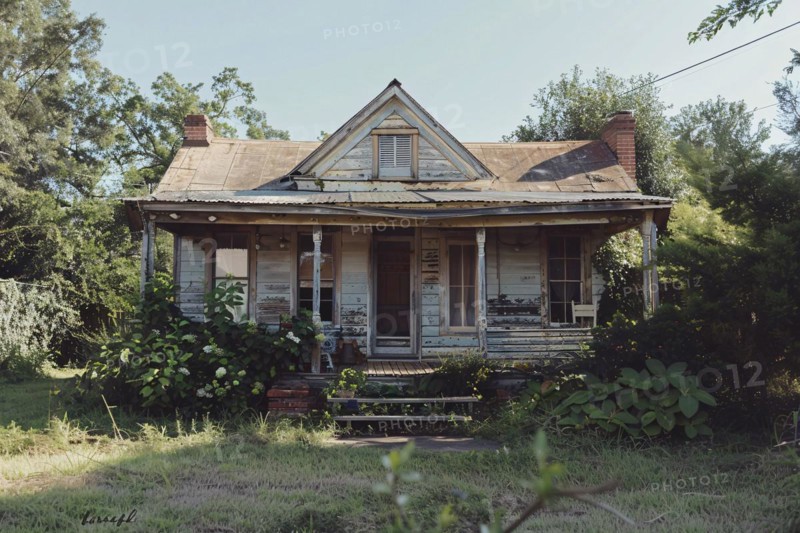 Weathered abandoned house with overgrown foliage on its porch, AI generated