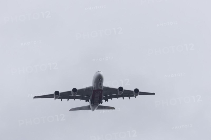 Airbus A380 aircraft of Emirates airlines on approach to land at Heathrow airport, England, United Kingdom, Europe