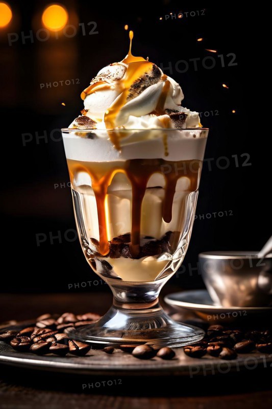 Vanilla gelato embraced by a cascade of hot espresso in a translucent dessert glass, AI generated