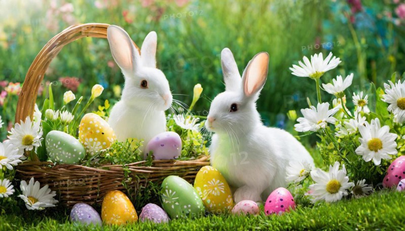 Ai generated, An Easter basket with coloured eggs in a meadow with colourful flowers, in the basket two white rabbits, symbolic picture Easter, animal children